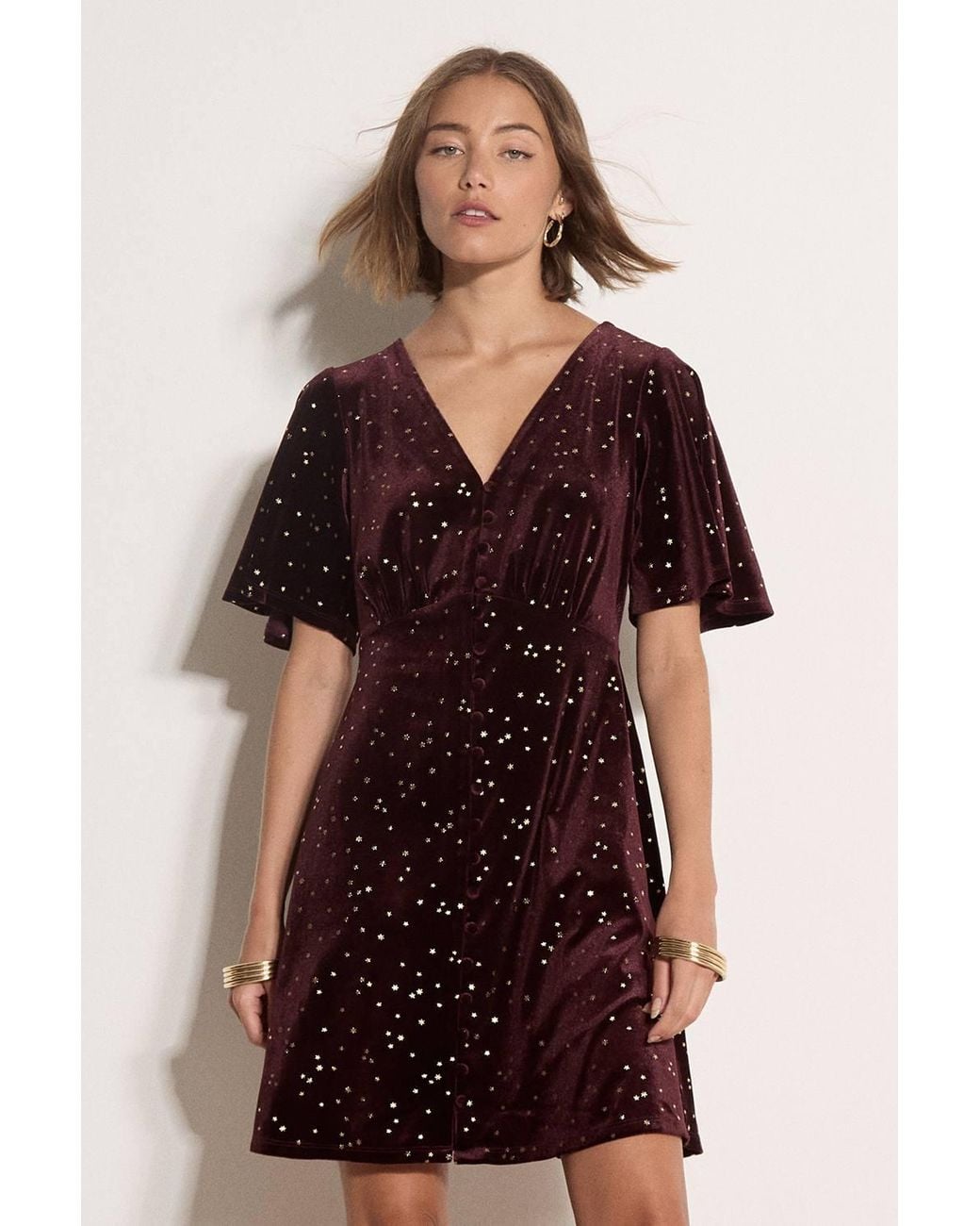 Apricot Red Foil Star Velvet Mini Dress