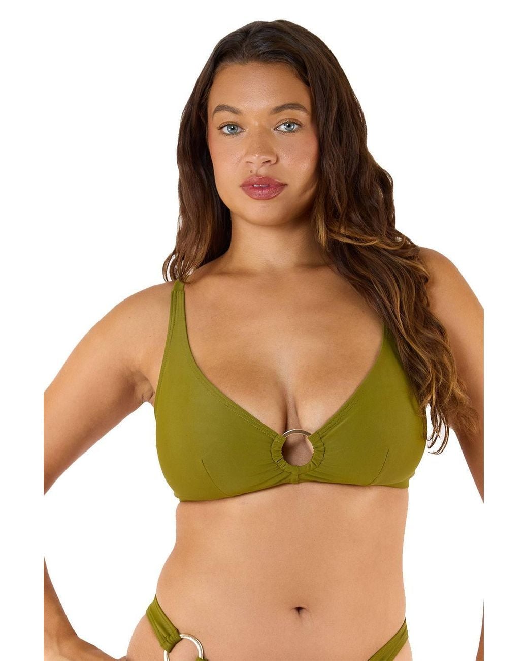 Wolf & Whistle Green Kalahari High Shine 'Bikini Top With Ring'