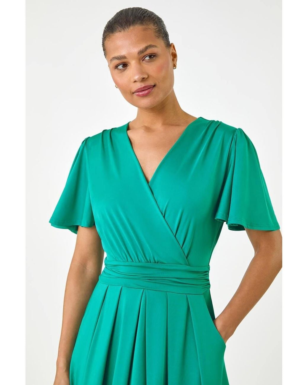 Roman Green Tie Back V-Neck Stretch Midi Dress