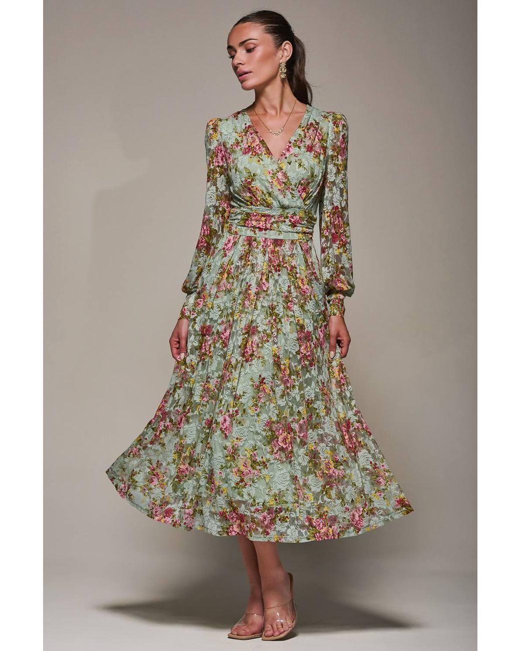 Jolie Moi Green Long Sleeve Printed Lace Maxi Dress
