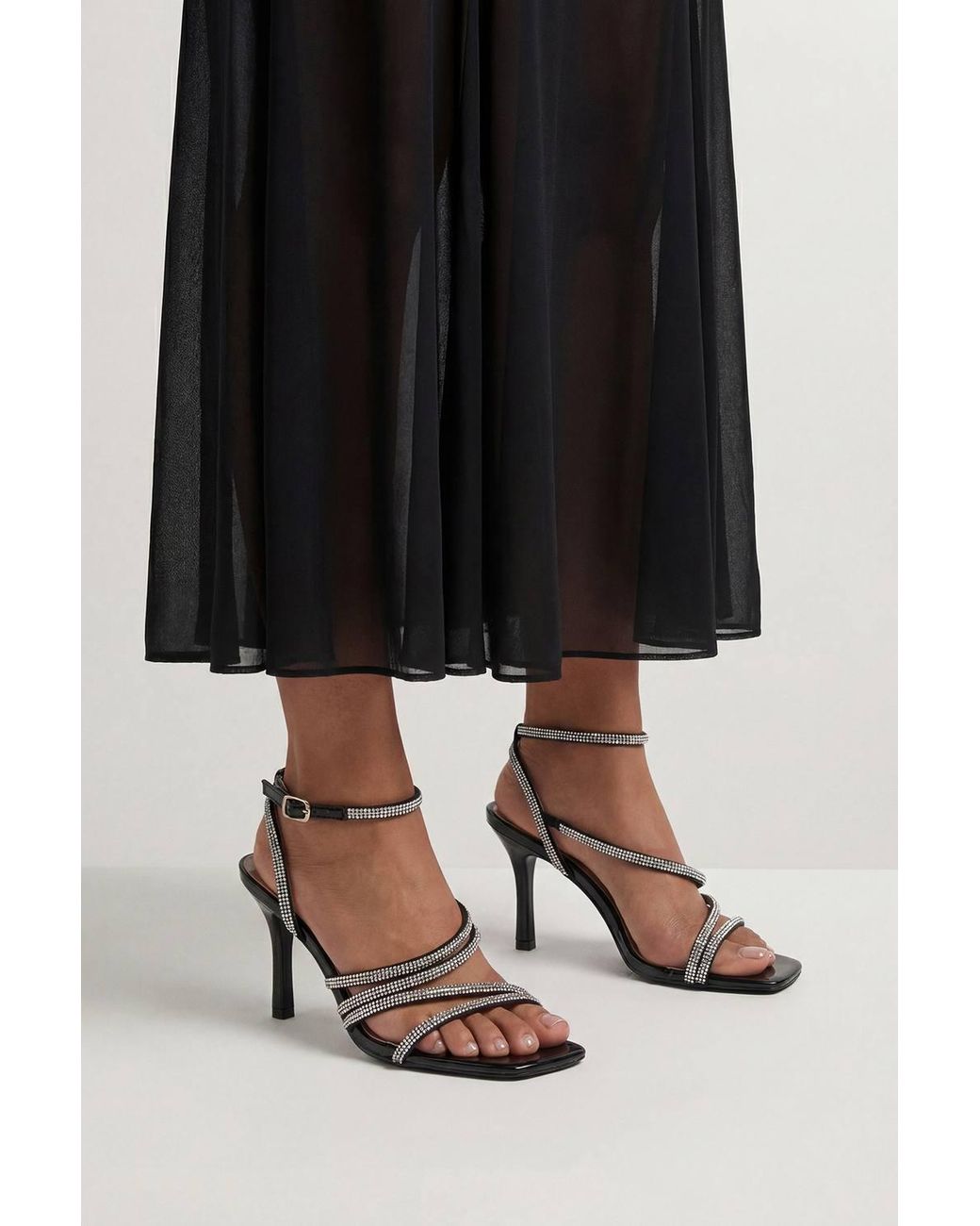 MissPap Black Diamante Faux Leather High Heeled Sandals