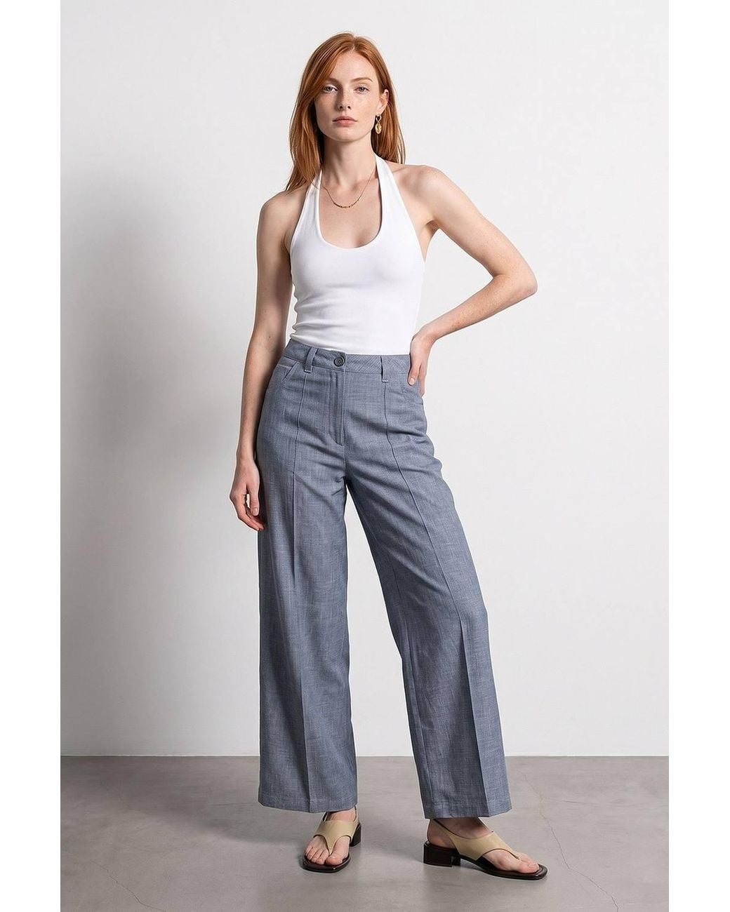 Dilvin White High-Waist Wide-Leg Pleated Trousers
