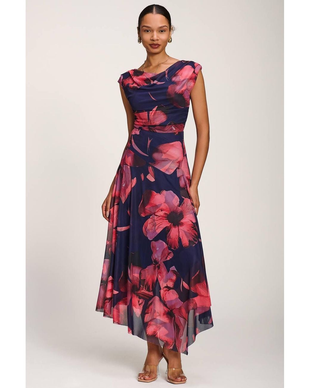 Jolie Moi Red Asymmetrical Draped Mesh Maxi Dress