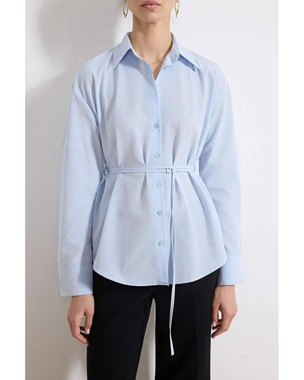 WOVCOR White Belted Oversized Collared Long Sleeve Plain Shirt