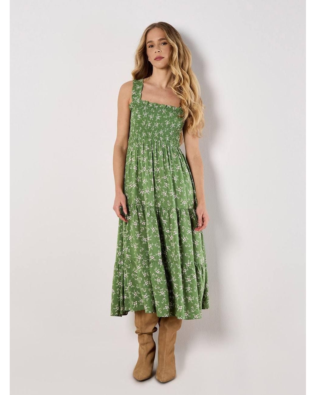 Apricot Green Orchid Print Smocked Midi Dress