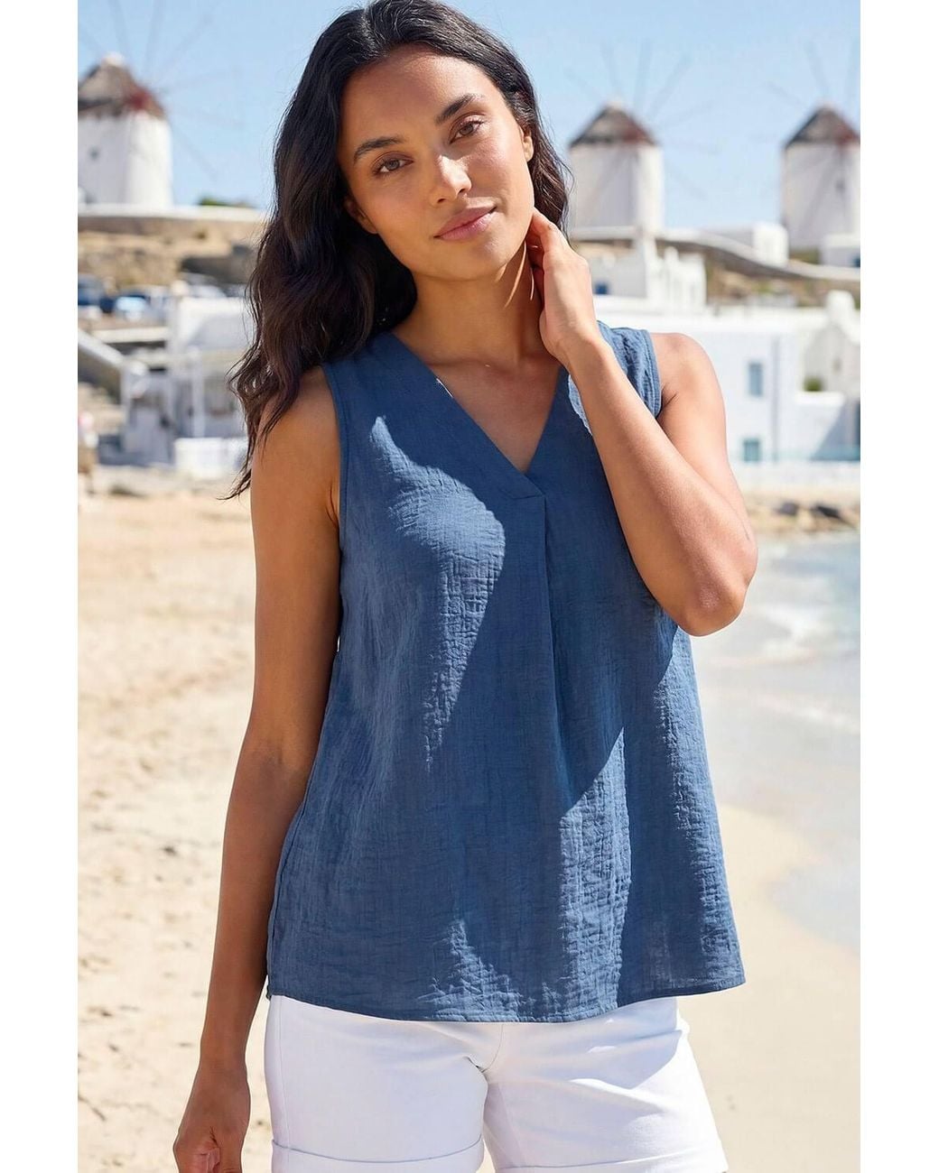 Roman Blue Textured Pleat Front Vest Top