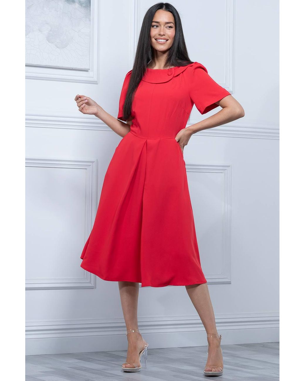 Jolie Moi Red Debora Button Neck Dress