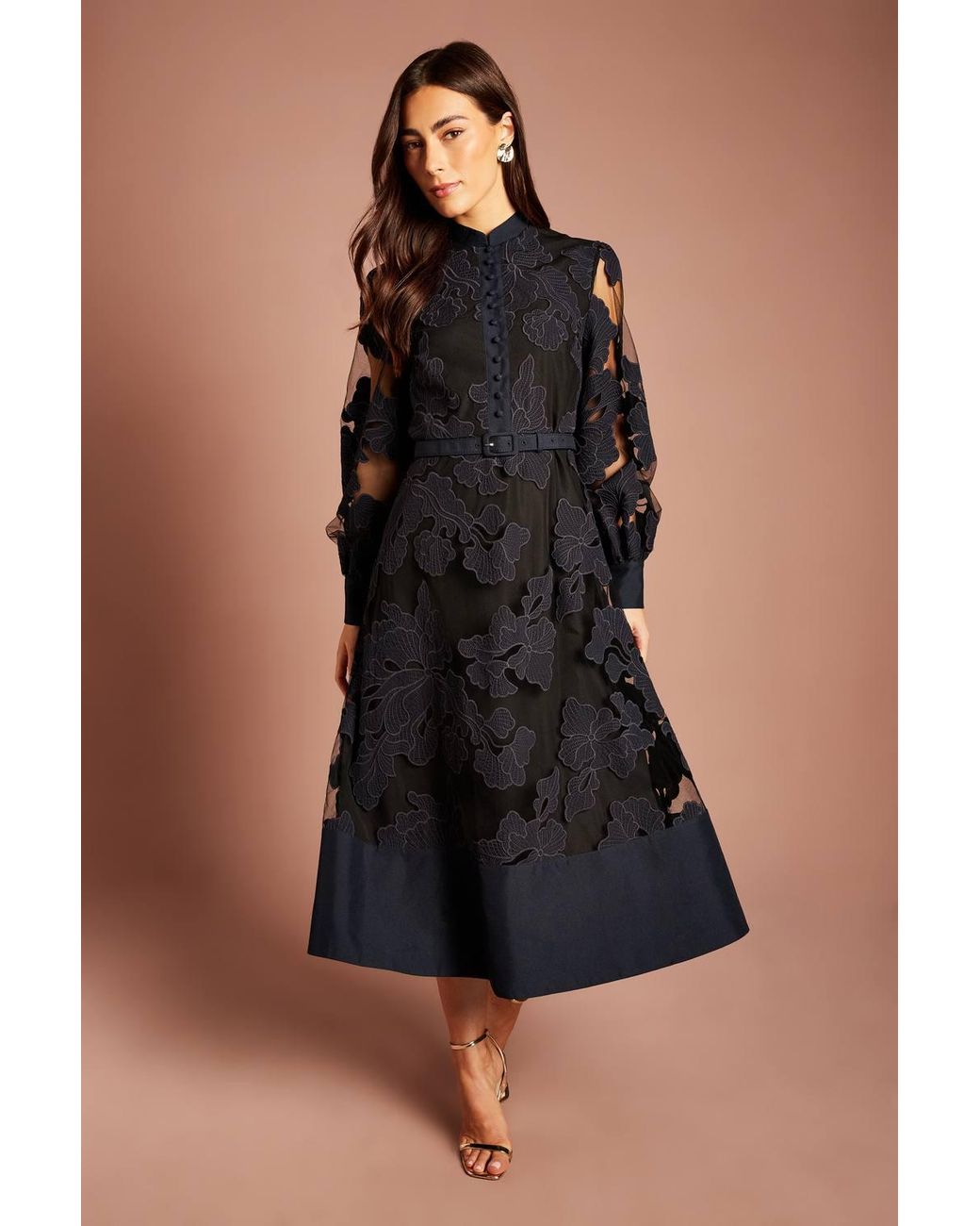 Coast Black Applique Belted Long Sleeve Shirt Midi Dress