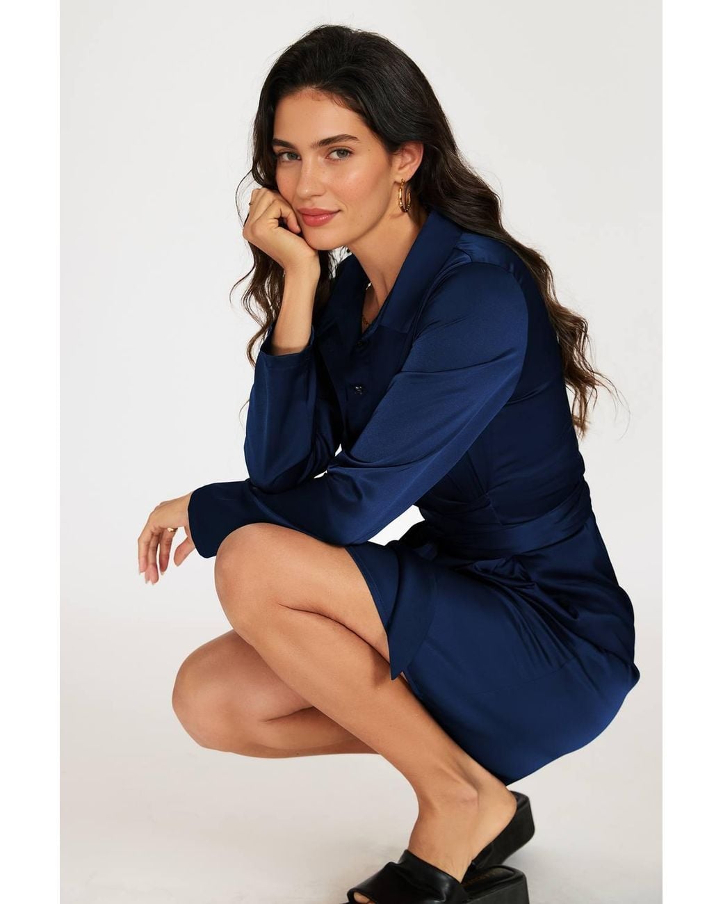 FS Collection Blue Wrap Tie Mini Satin Shirt Dress