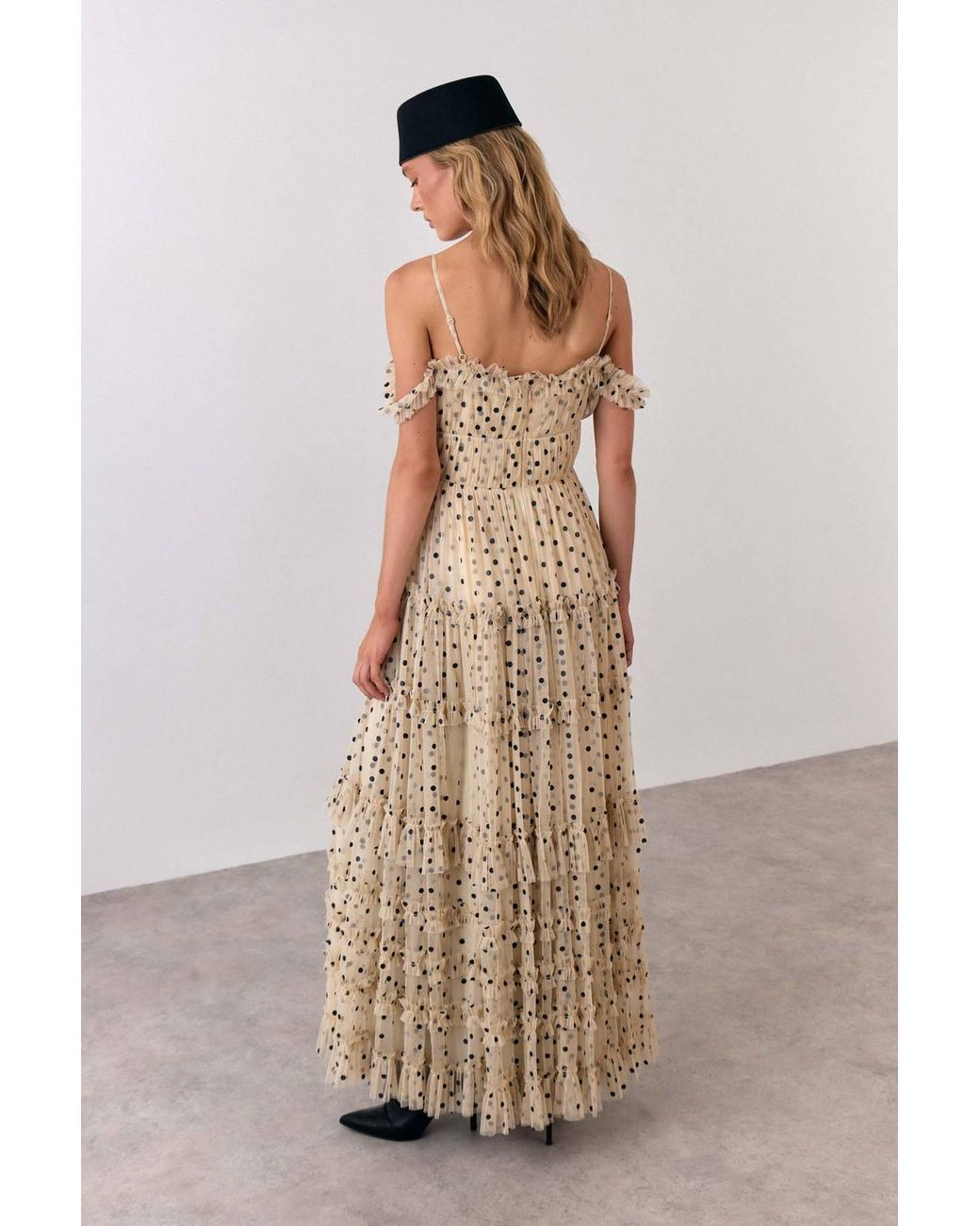 Warehouse Natural Bardot Gathered Seam Detail Tulle Maxi Dress