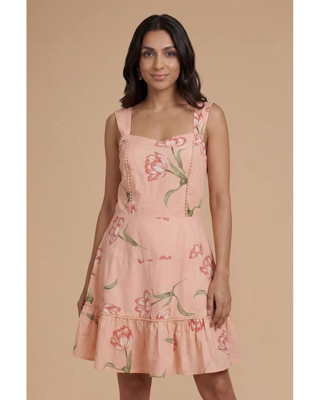 Dorothy Perkins Natural Petite Lace Trim Tiered Printed Mini Dress