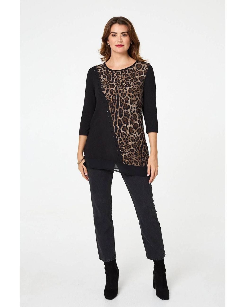 Izabel London Black Animal Print Asymmetric Tunic Top