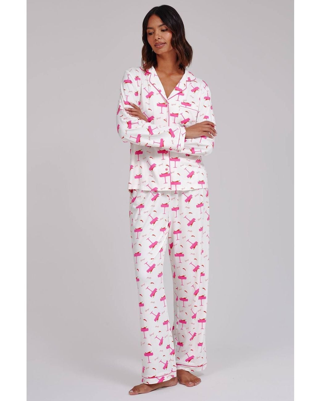 Loungeable Red Spicy Marg Print Wide Leg Traditional Revere Pyjama Set