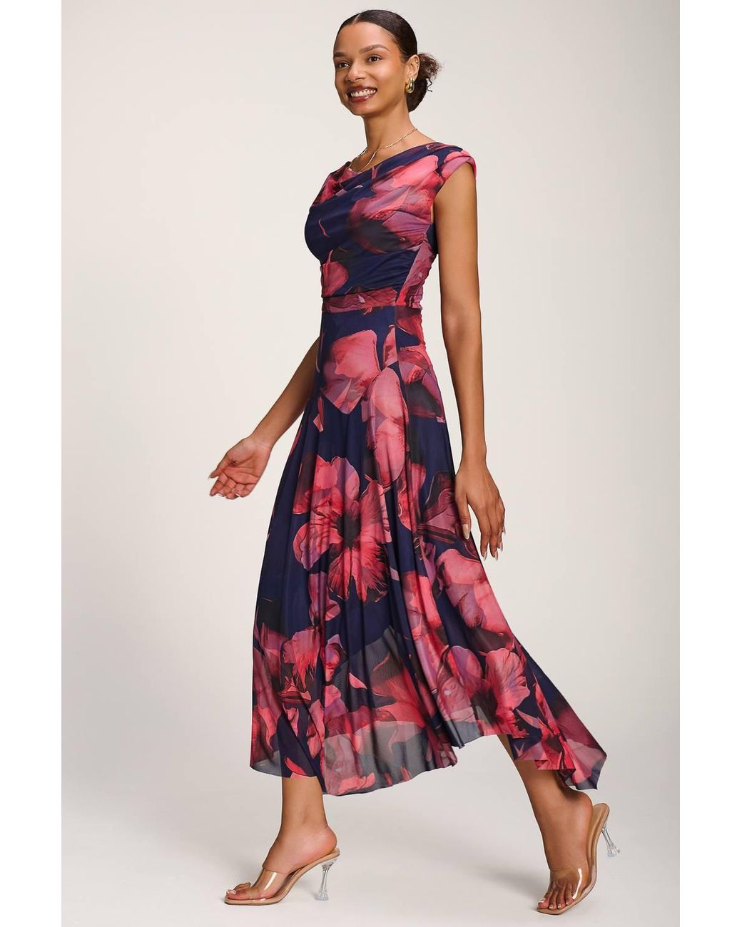 Jolie Moi Red Asymmetrical Draped Mesh Maxi Dress