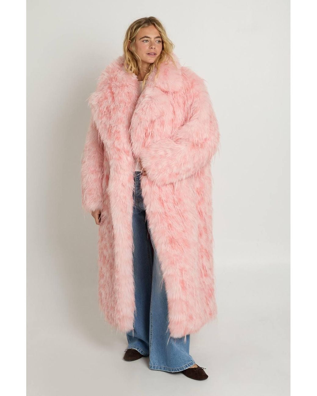 Nasty Gal Pink Animal Faux Fur Oversized Longline Coat