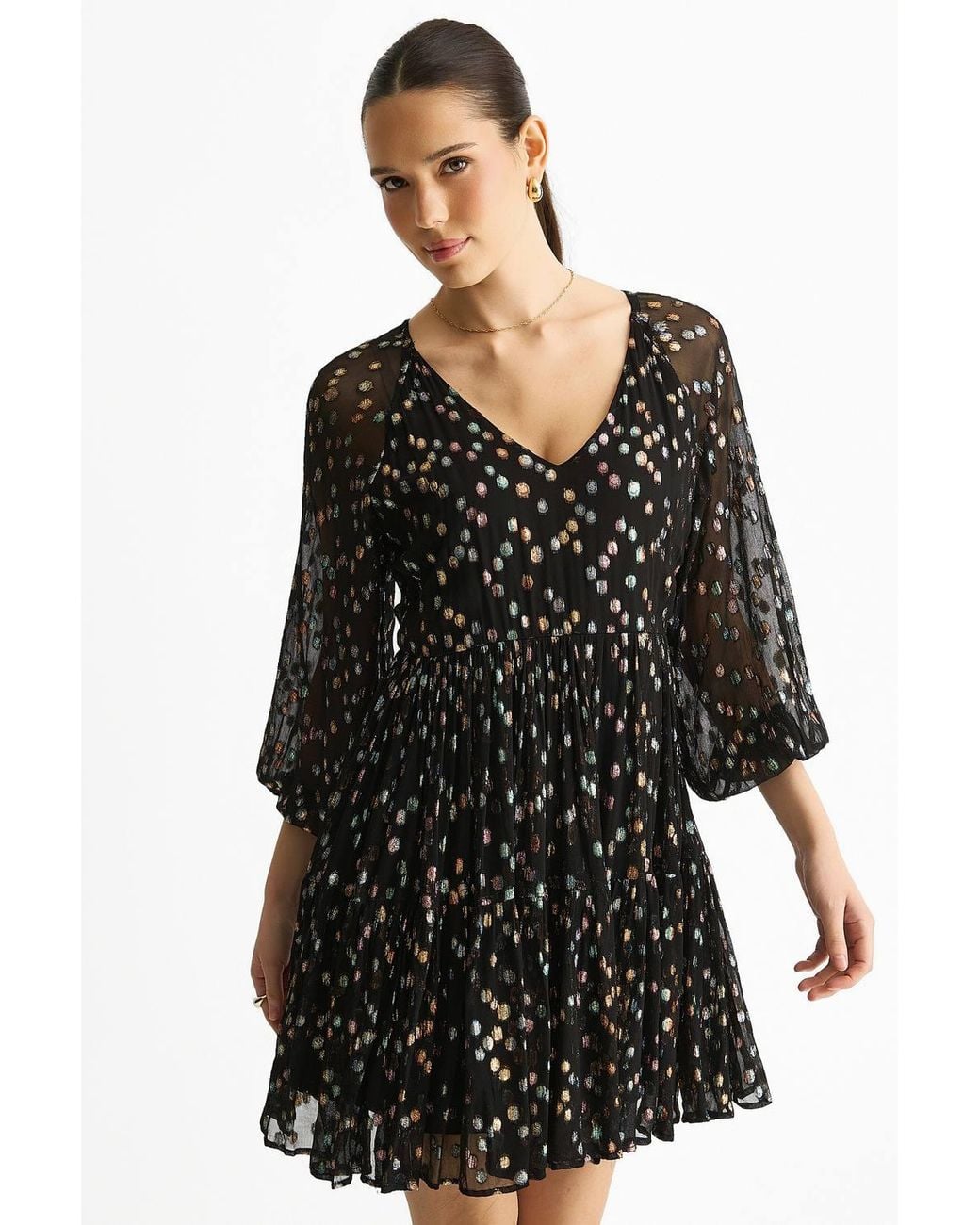 Gini London Black Multicolored Spot Viscose Clipped Jacquard Mini Tiered Dress