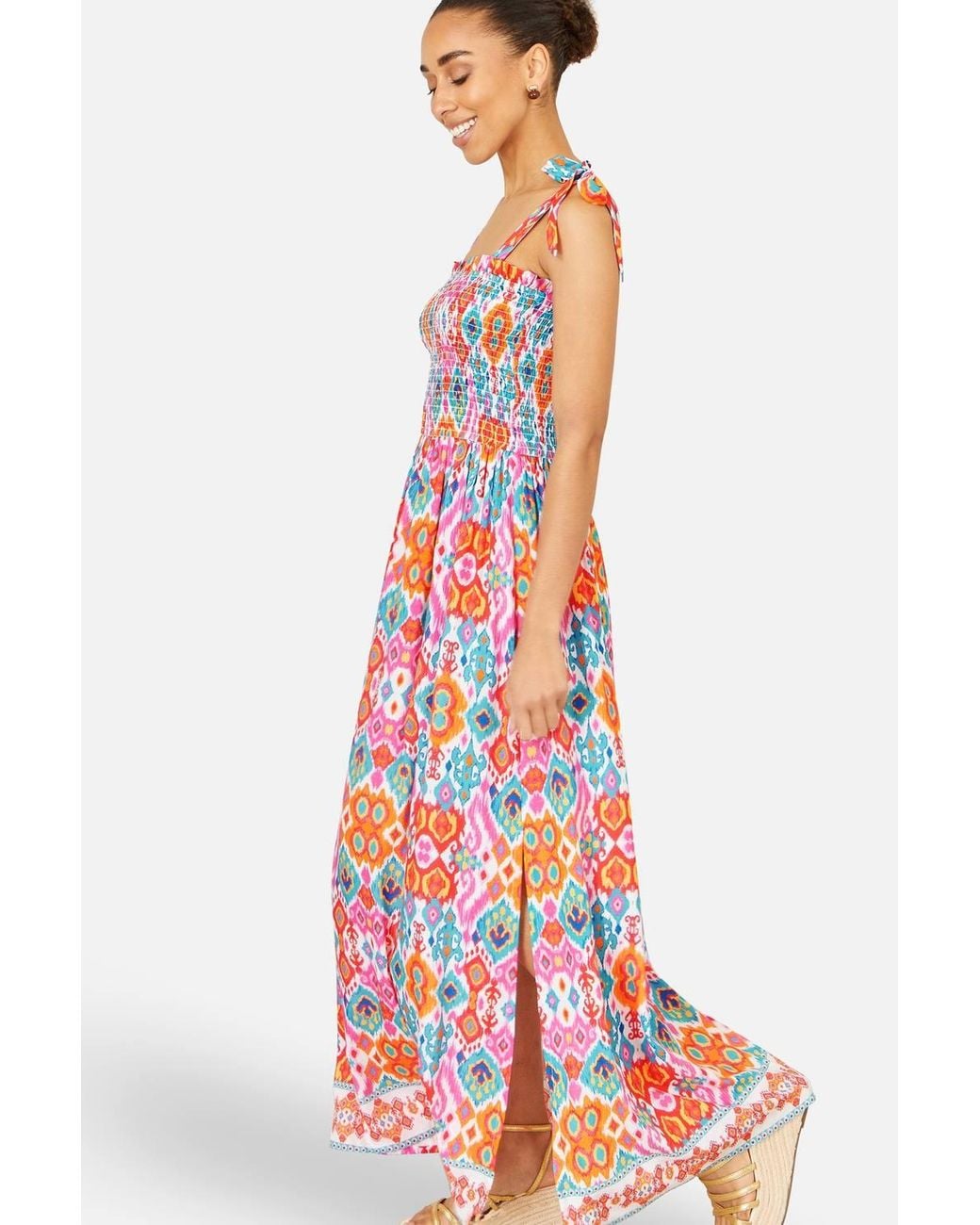 Yumi' Red Multicolour Ikat Print Maxi Viscose Sun Dress