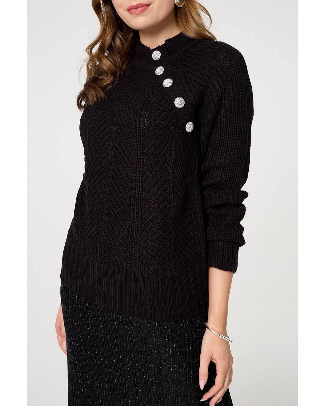 Izabel London Black Textured Knit Button Detail Jumper