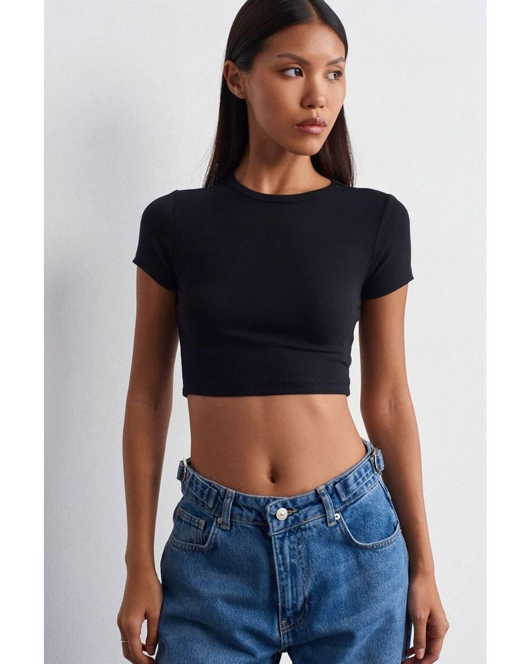 Dilvin Blue Crop Slim-Fit Crew Neck T-Shirt