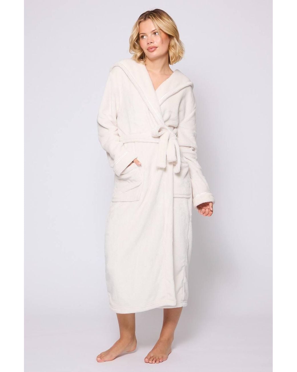 Loungeable White Ribbon Trim Luxury Fleece Maxi Hooded Dressing Gown