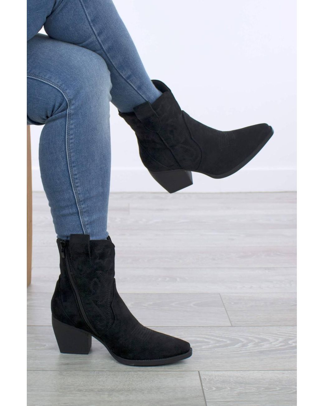 AJVANI Blue Mid Heel Cowboy Pointed Toe Ankle Western Boots