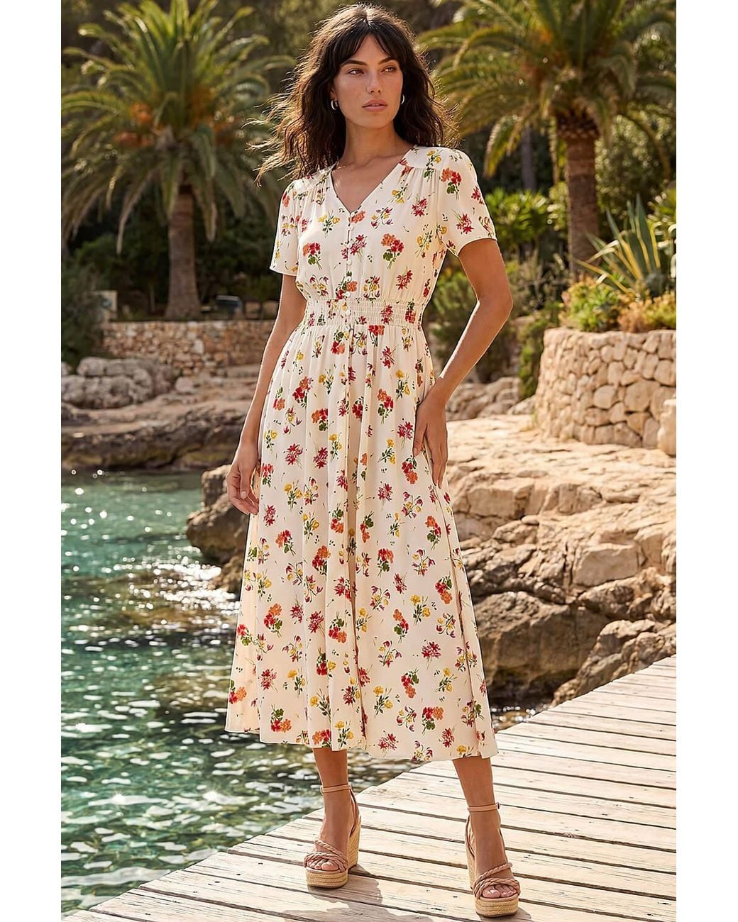 Roman White Floral Print Buttoned Midi Dress