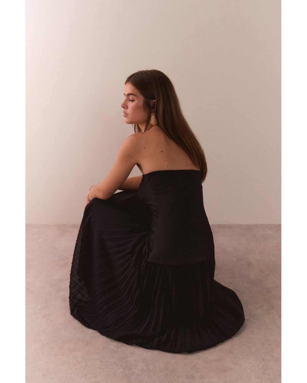 Warehouse Black Bandeau Bodice Pleated Chiffon Midi Dress