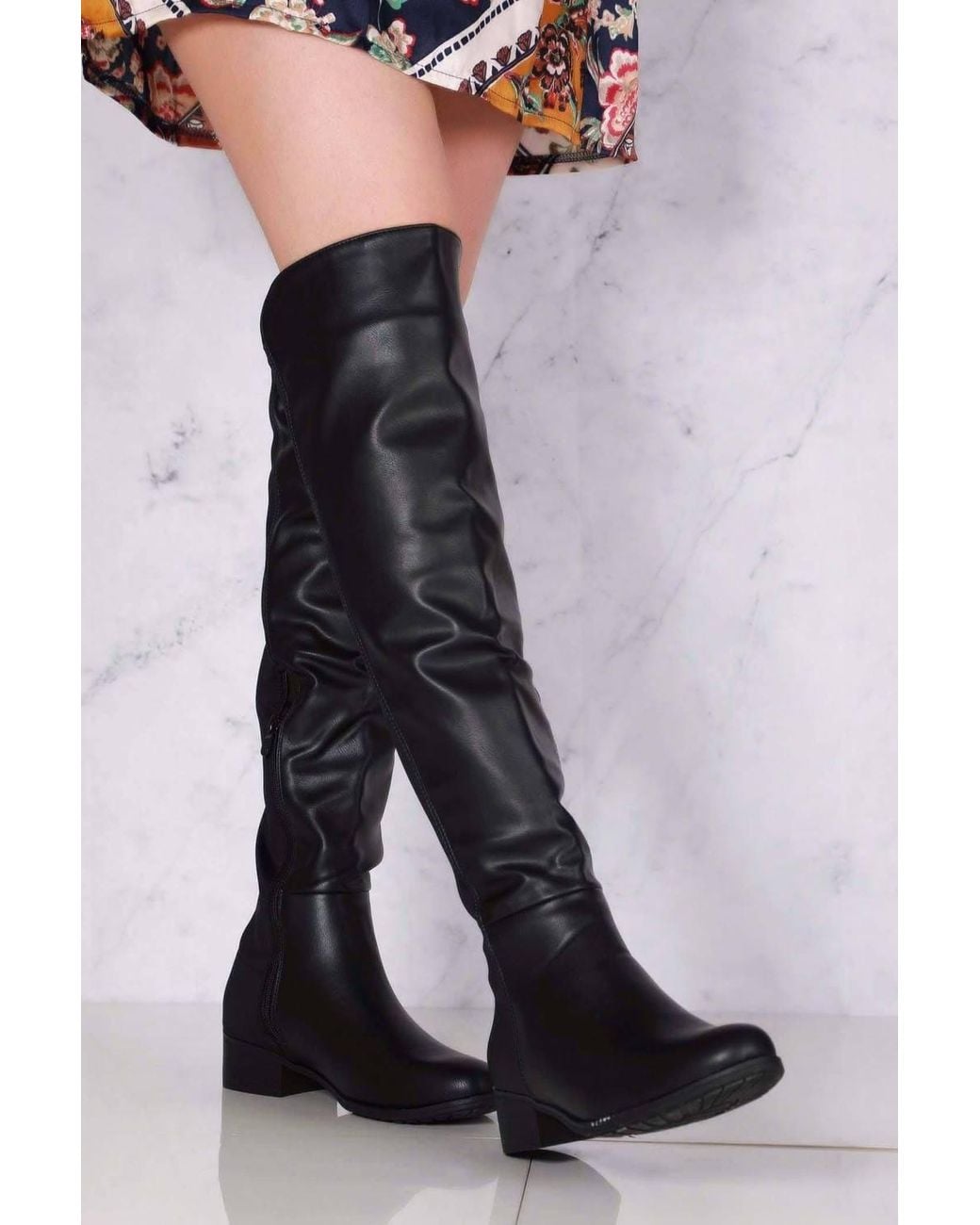 Miss Diva Blue Tyla Over The Knee Elasticated Back Pu Boots