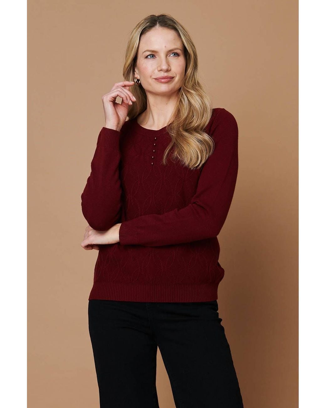 Izabel London Pearl Detail Textured Long Sleeve Top