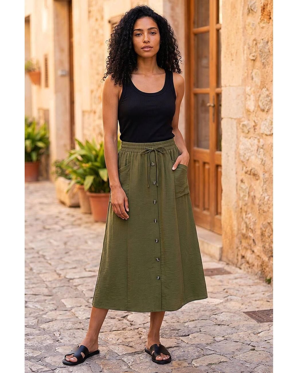 Roman Green Air Flow Button Front Tie Midi Skirt