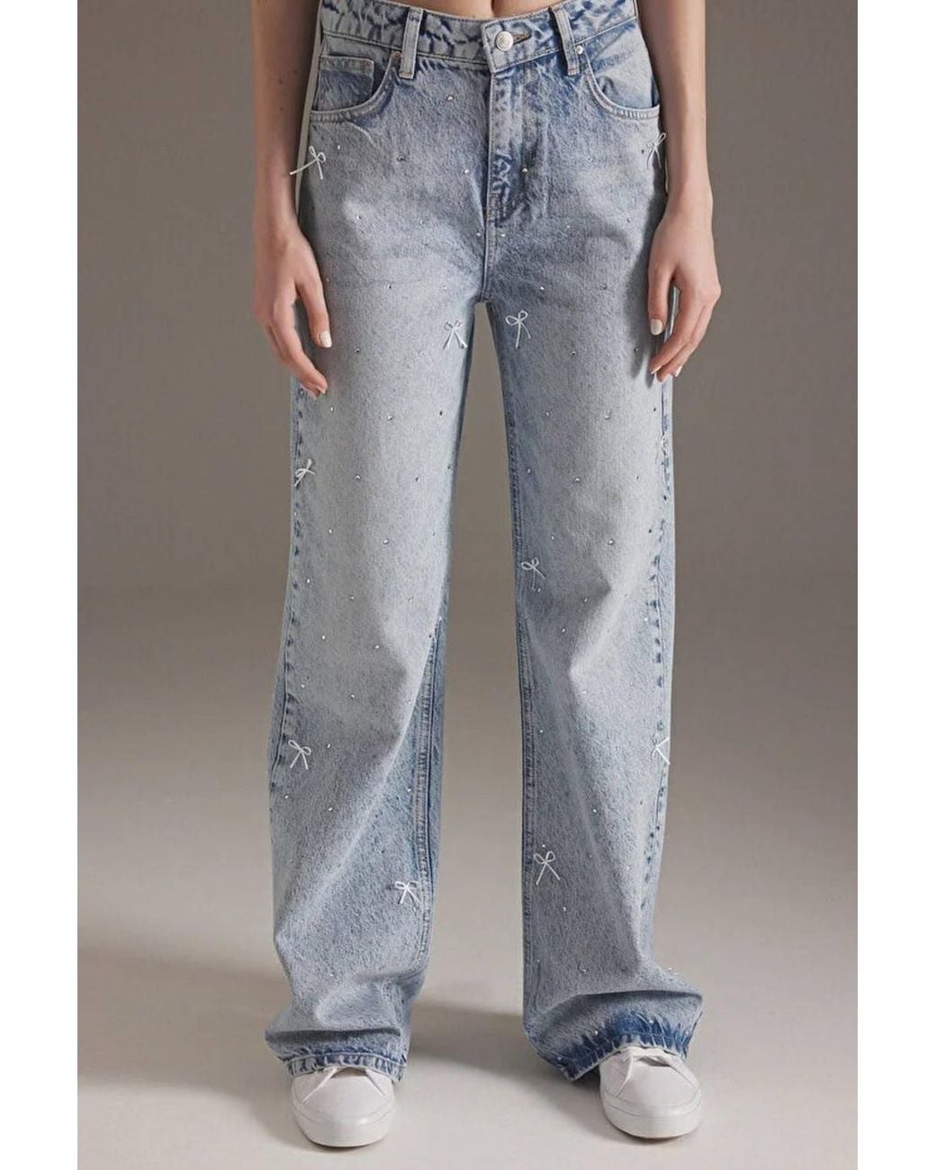WOVCOR Gray Ribbon Detail Stoned Regular Waist Wide Leg Jeans