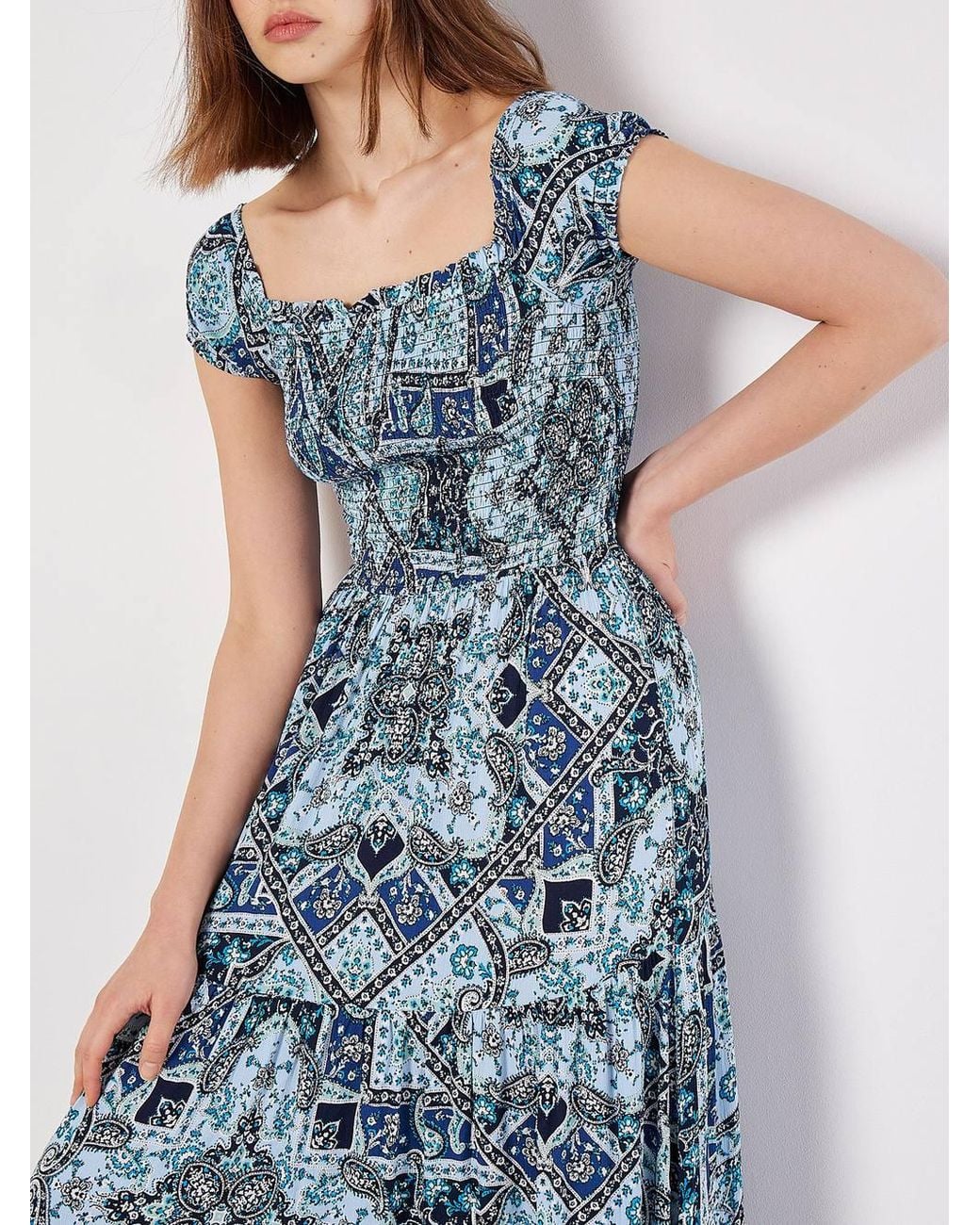 Apricot Blue Scarf Print Milkmaid Maxi Dress