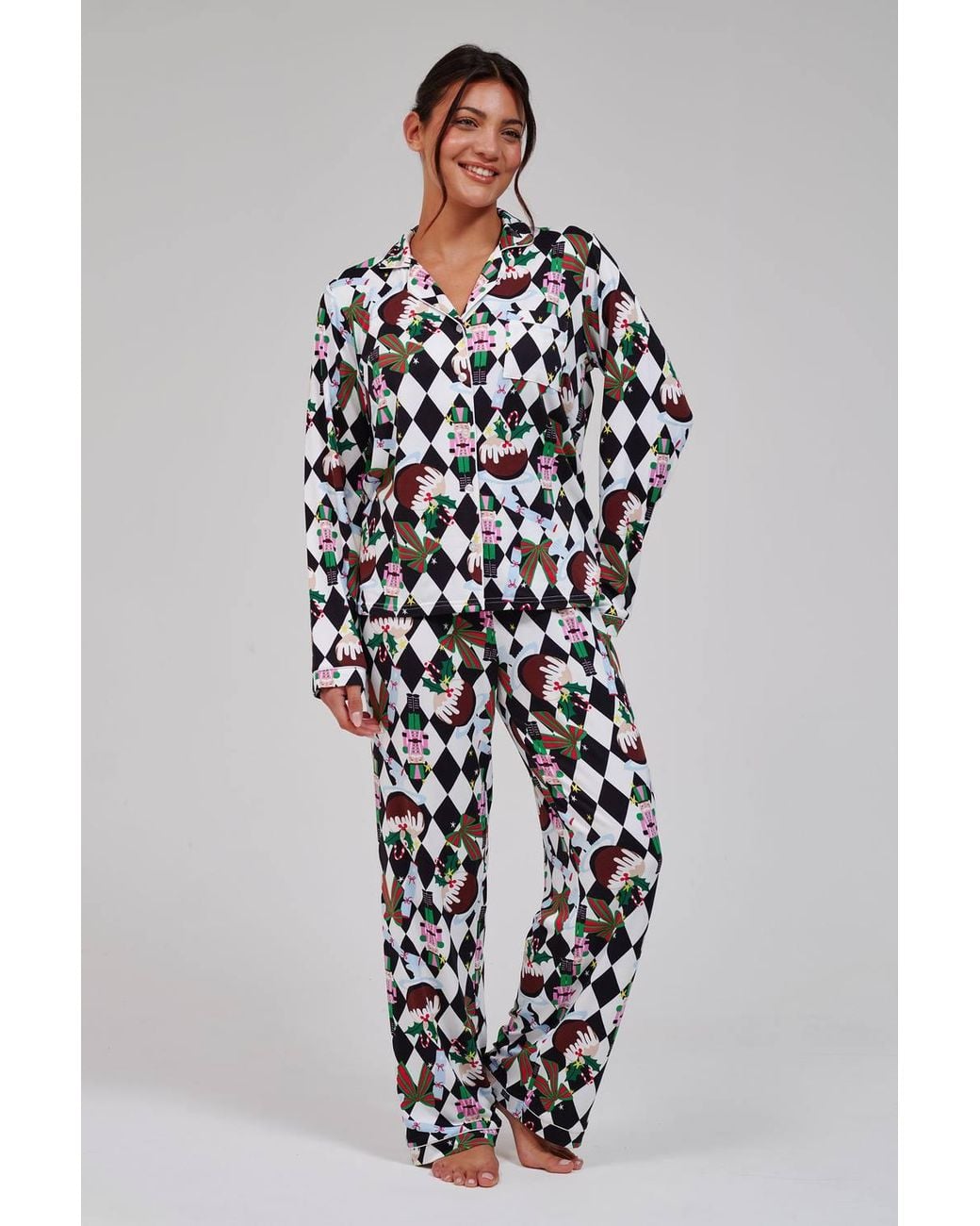 Loungeable White Christmas Argyle Ls Button Down Traditional Pyjama Set