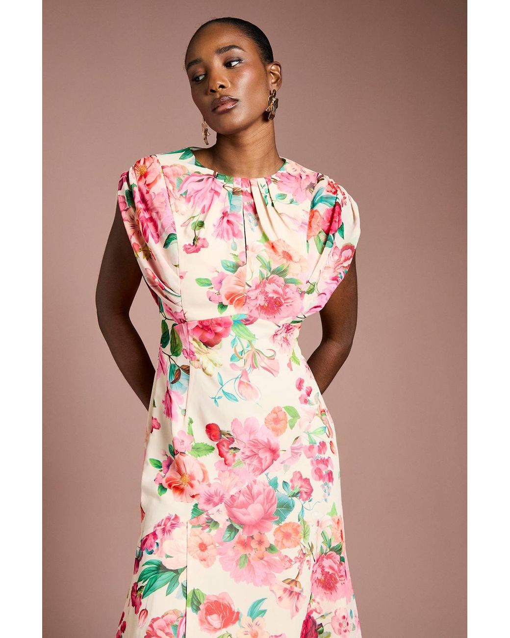 Coast Pink Cap Sleeve Floral Chiffon Midi Dress