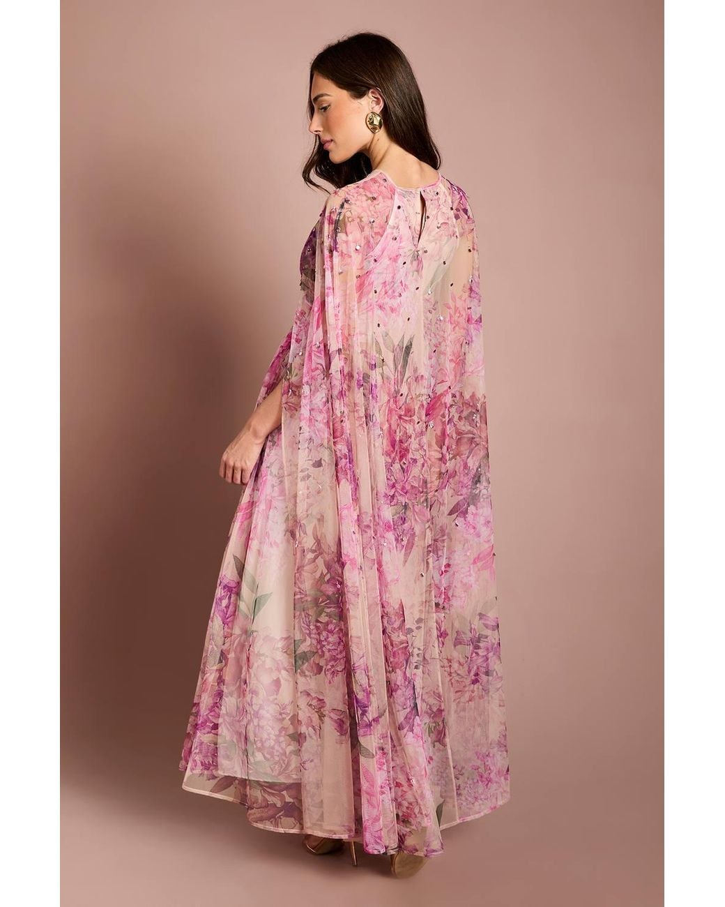 Coast Pink Petite Pleated Mesh Printed Cape Maxi Dress With Gemstones