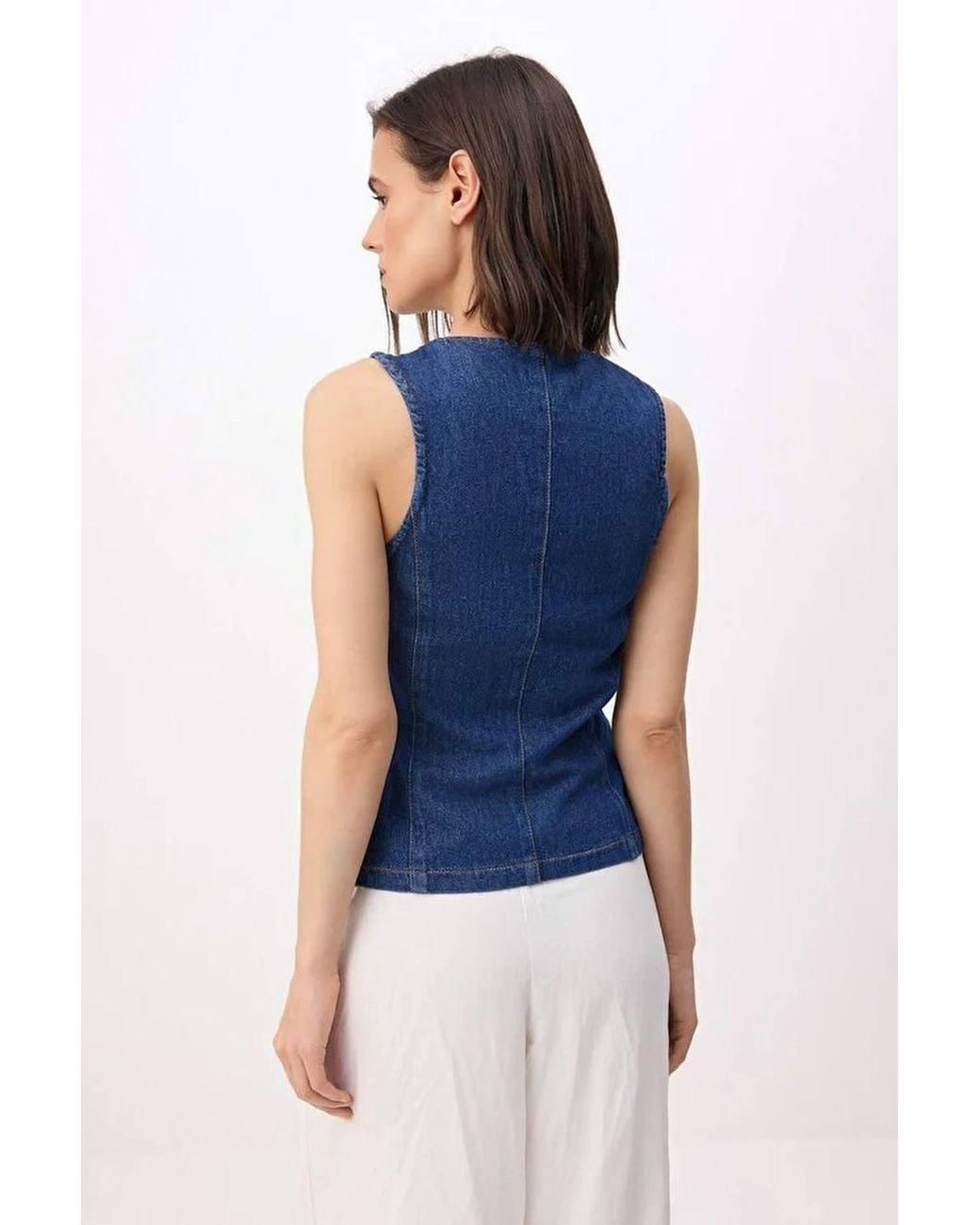 WOVCOR Blue Fitted Denim Vest W/ Button Detail Sleeveless Design