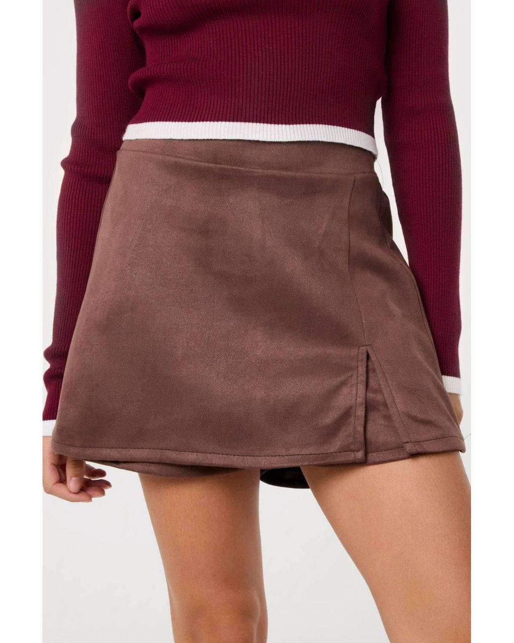 Pink Vanilla Red Camel Suede Skort Slit Skirt