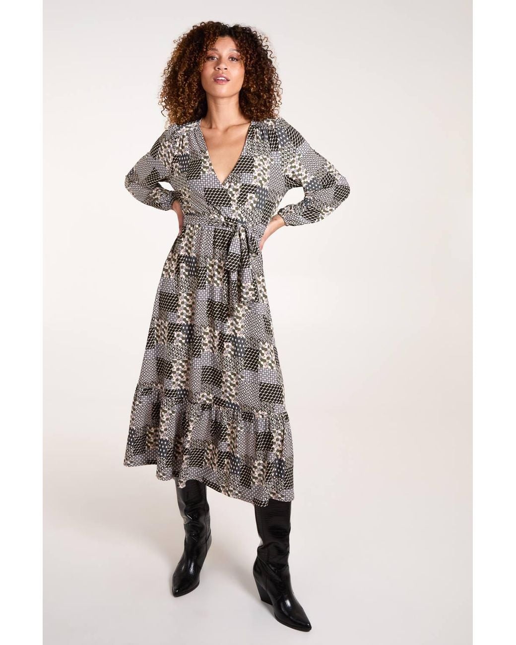 Blue Vanilla Green Geometric Wrap Front Belted Midi Dress