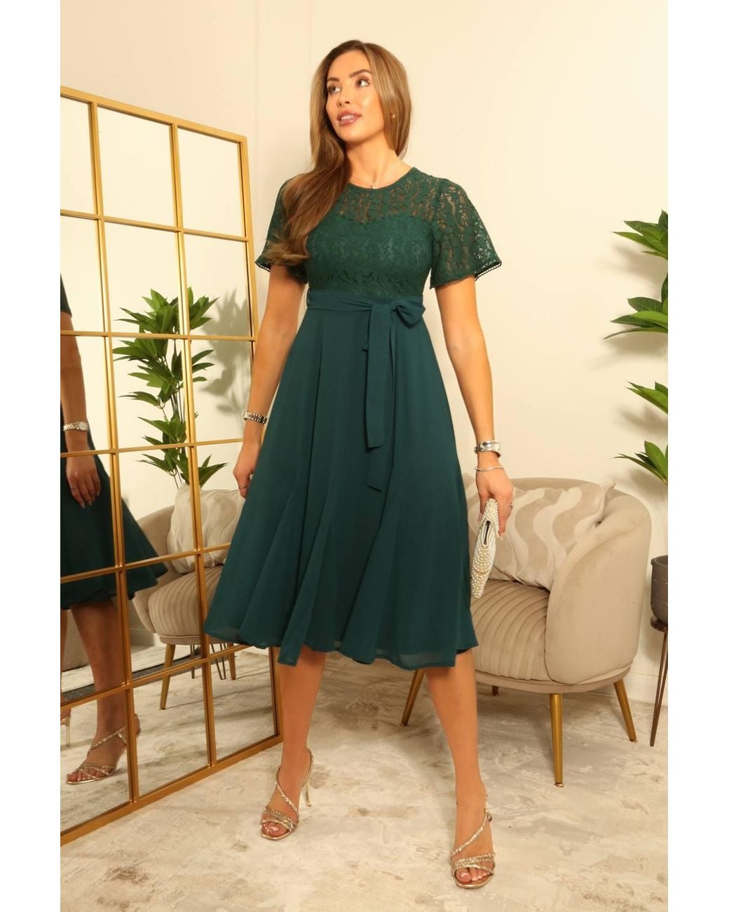 Double Second Blue Lace Top Chiffon Godet Dress