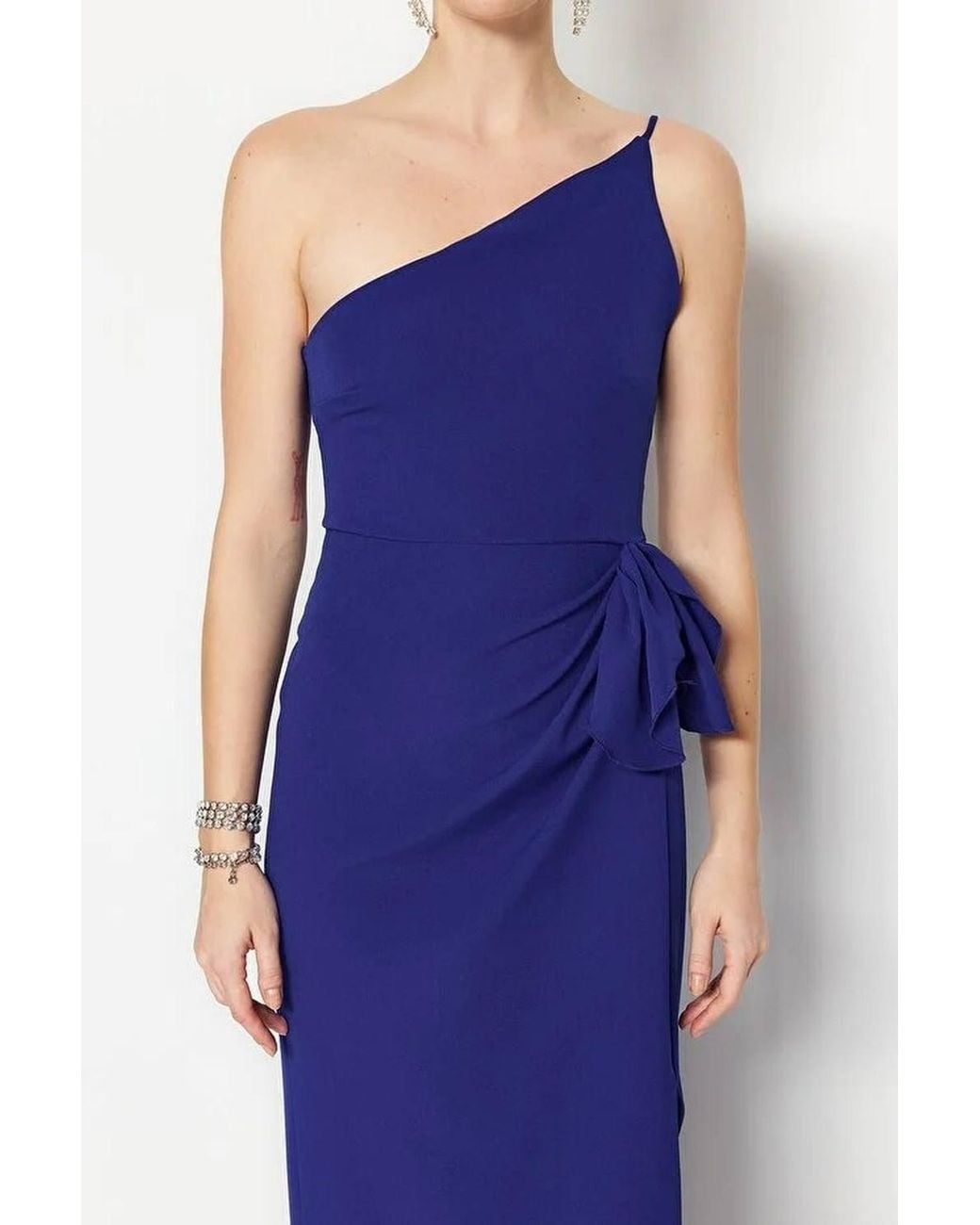 WOVCOR Blue One Shoulder Draped Maxi Dress