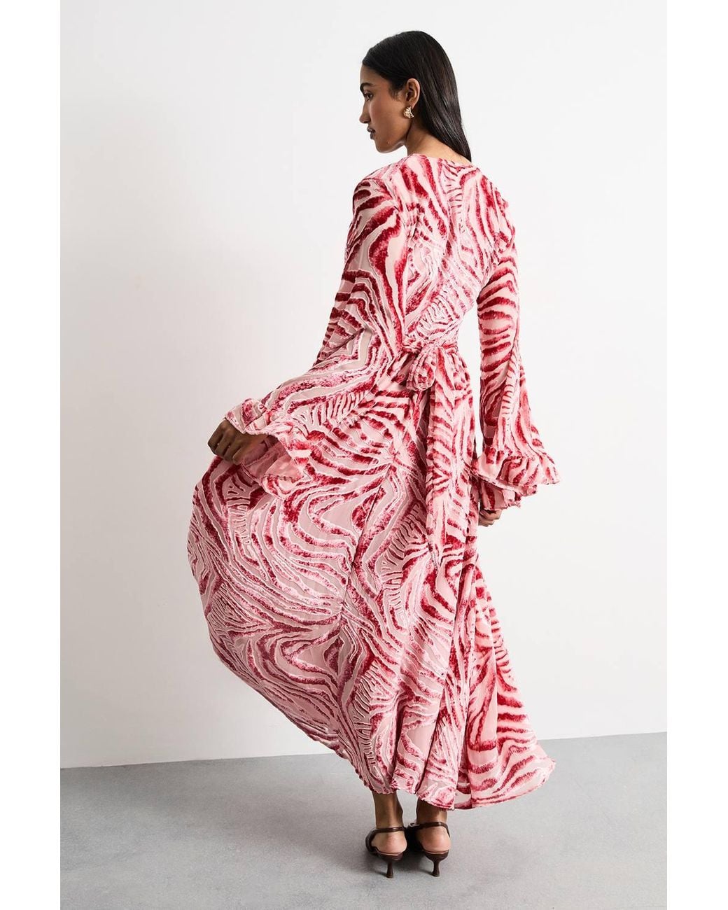Warehouse Pink Burnout Velvet Plunge Neck Flared Sleeve Belted Maxi Dress