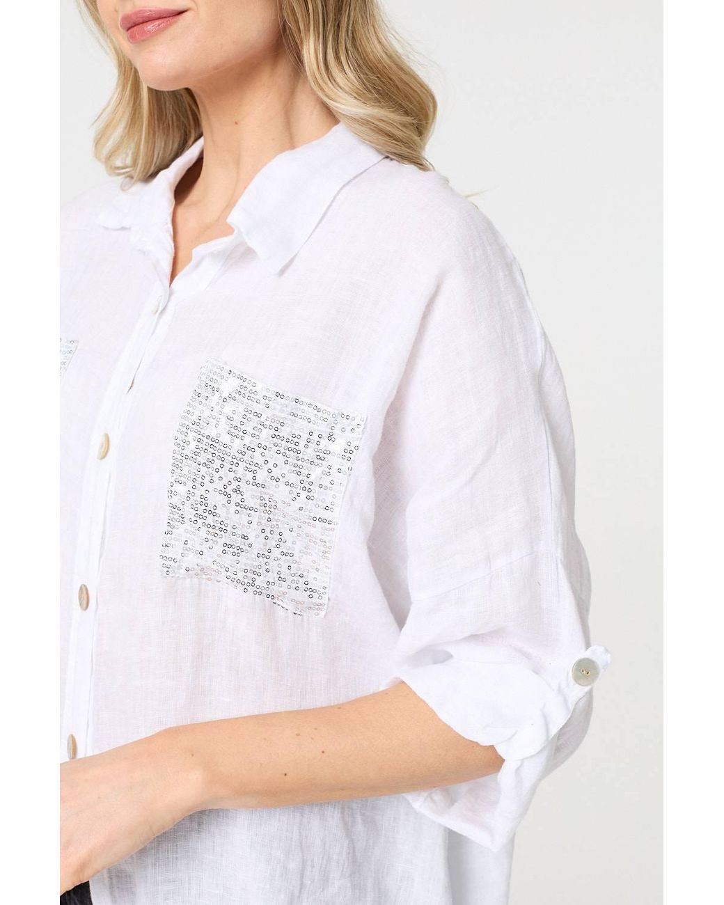 Izabel London White Sequin Detail 3/4 Turn-Up Sleeve Shirt