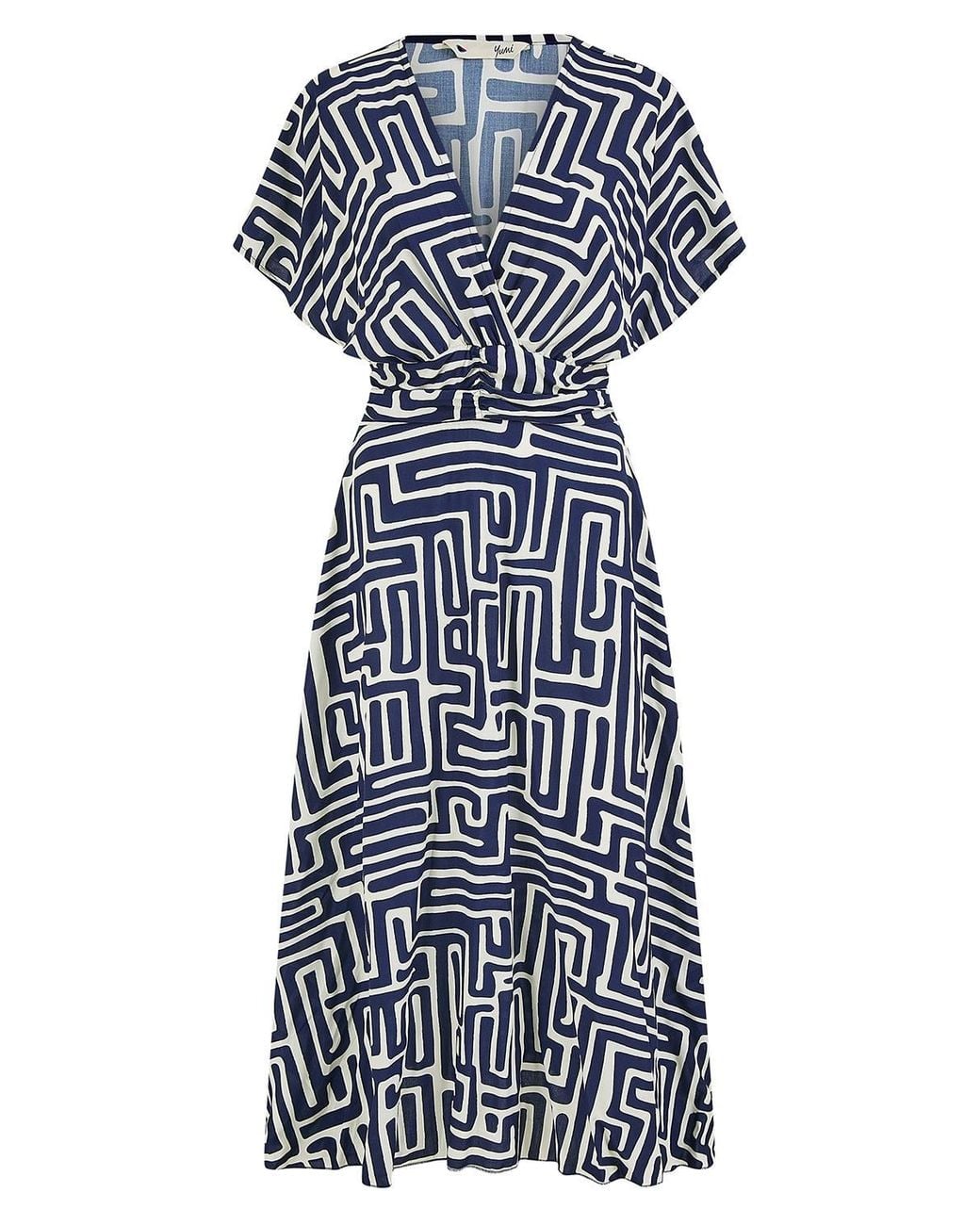 Yumi' Blue Geometric Print Ruched Waist Midi Dress W/ Kimono Sleeves