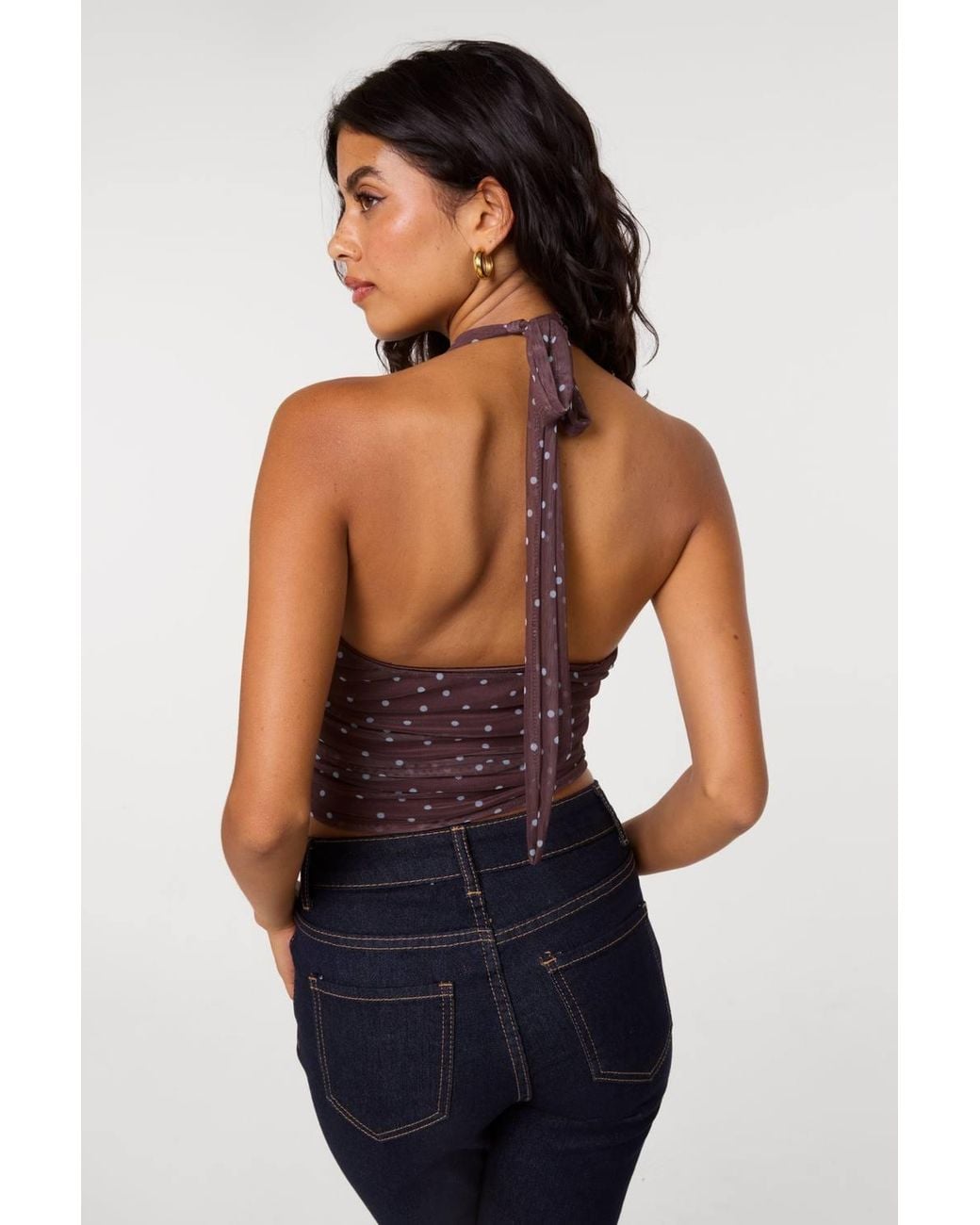 Pink Vanilla Brown Polka Dot Ruched Side Halter Top