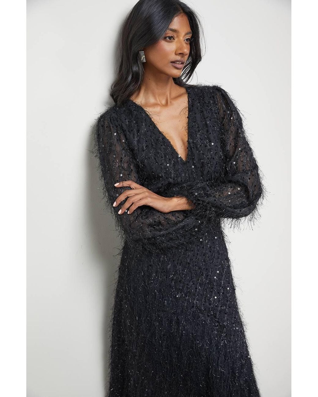 Warehouse Blue Sequin Embellished Fluffy Plunge Neck Midi Dress