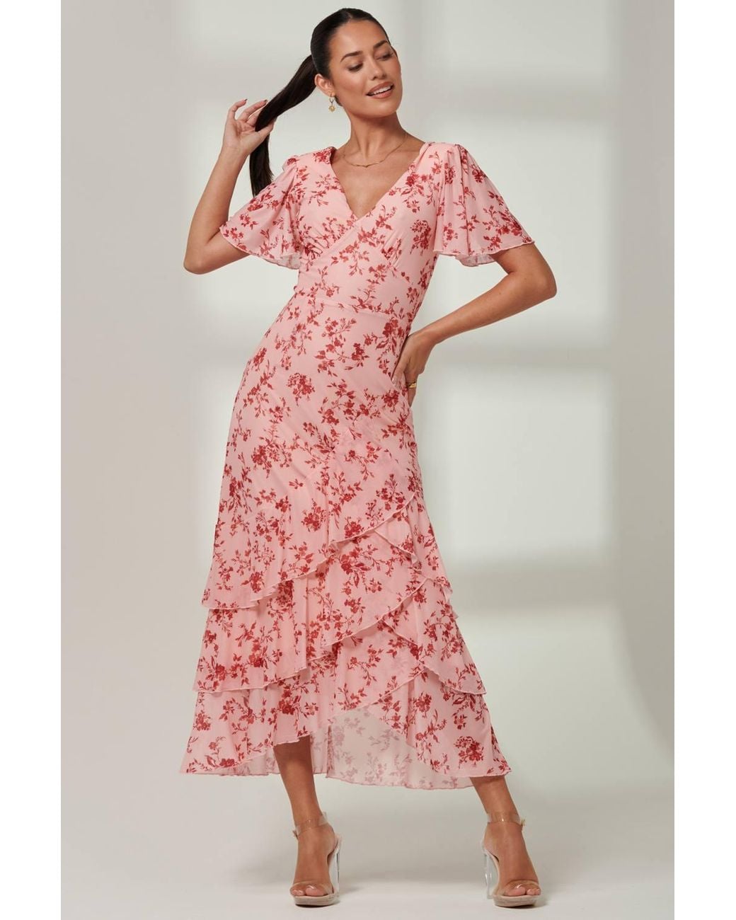 Jolie Moi Pink Daleysa Frill Hem Mesh Maxi Dress