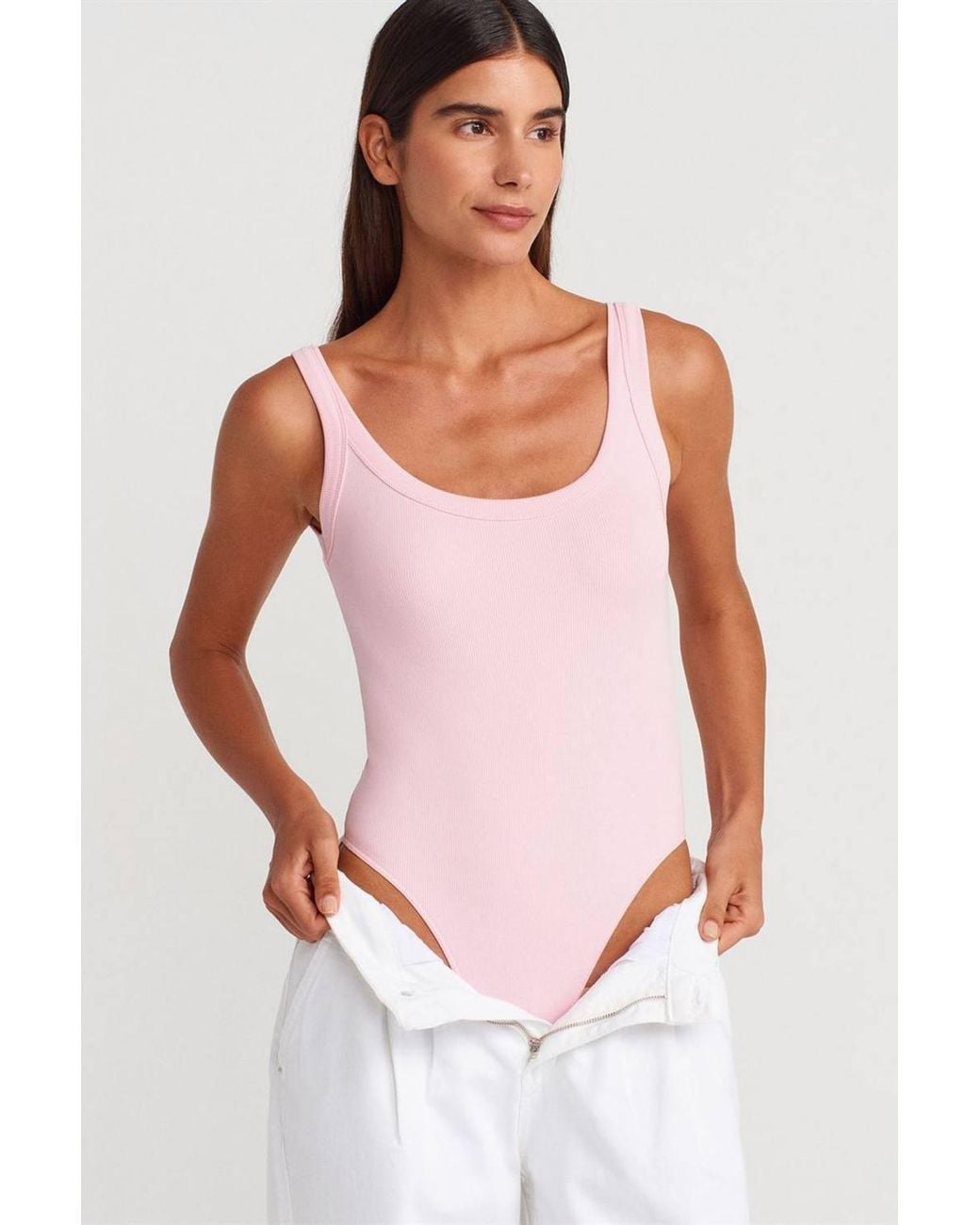 Dilvin White Sleeveless Ribbed Cotton-Blend Bodysuit