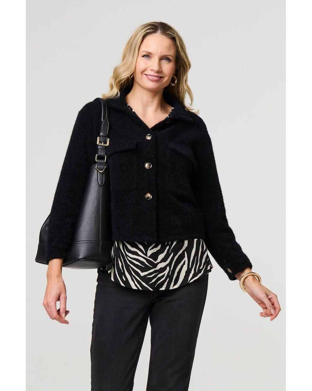 Izabel London Black Flannel Cropped Pocket Front Shacket Jacket