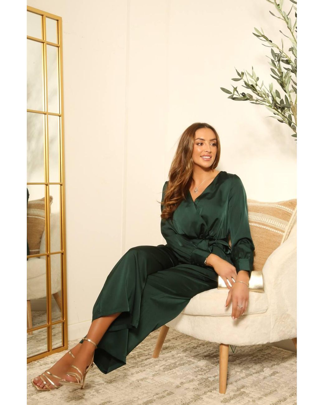 Double Second Green Lux Satin Wrap Jumpsuit