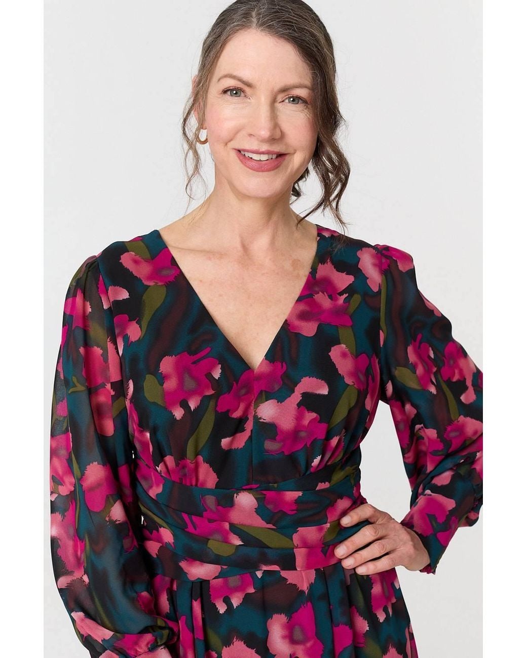 Izabel London Red Floral Ruched Long Sleeve Maxi Dress